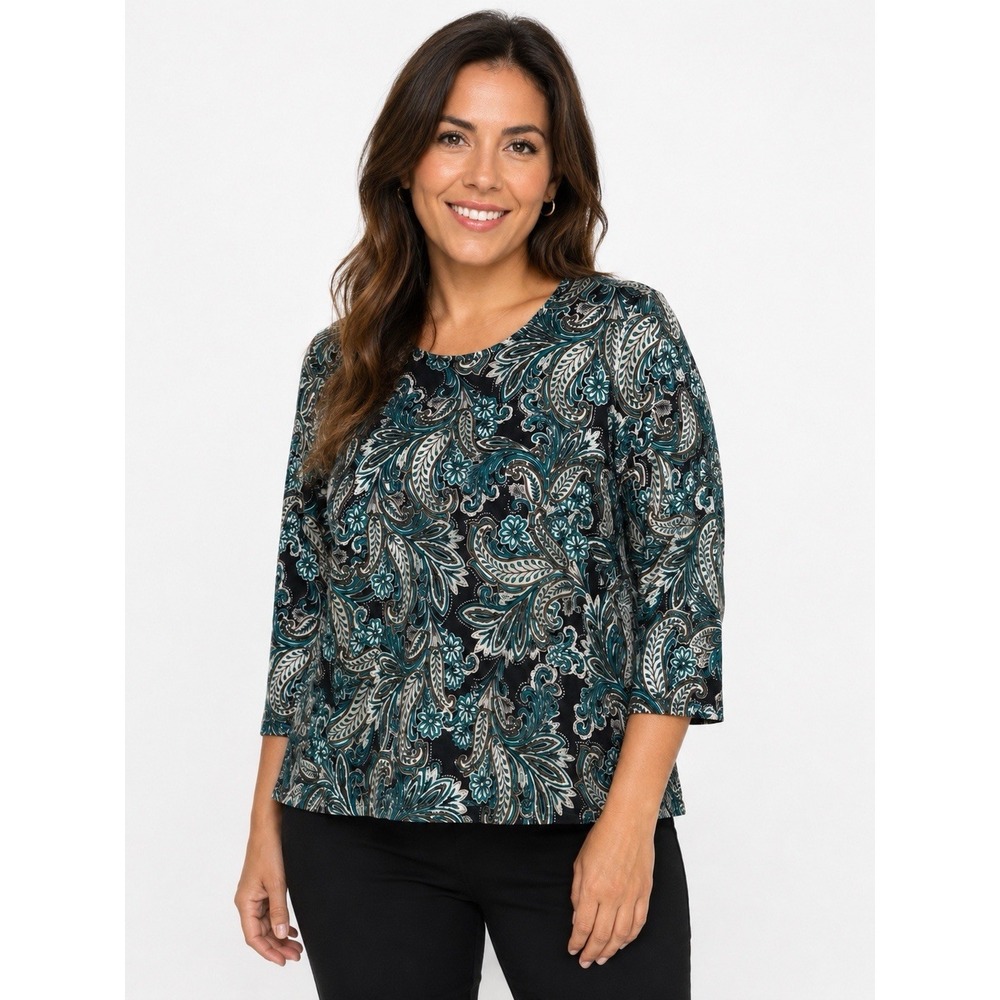 Croft‎ & Barrow Womens PL Petite Black Teal Paisley Glitter 3/4 Sleeve Top